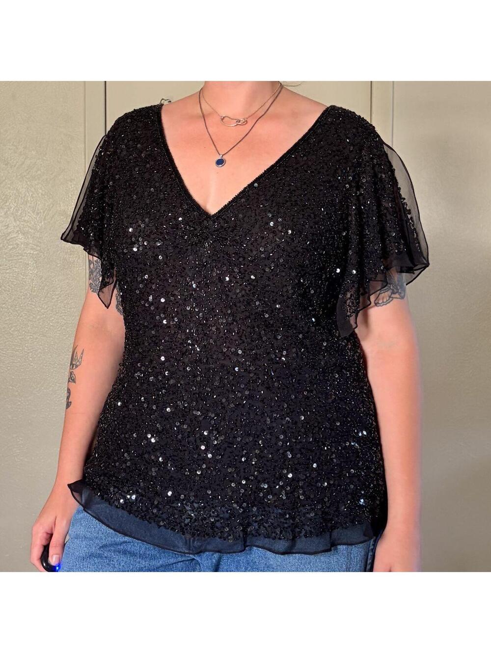 Black Beaded Top Sequins Vintage Flutter Sleeve Witchy Goth Whimsigoth